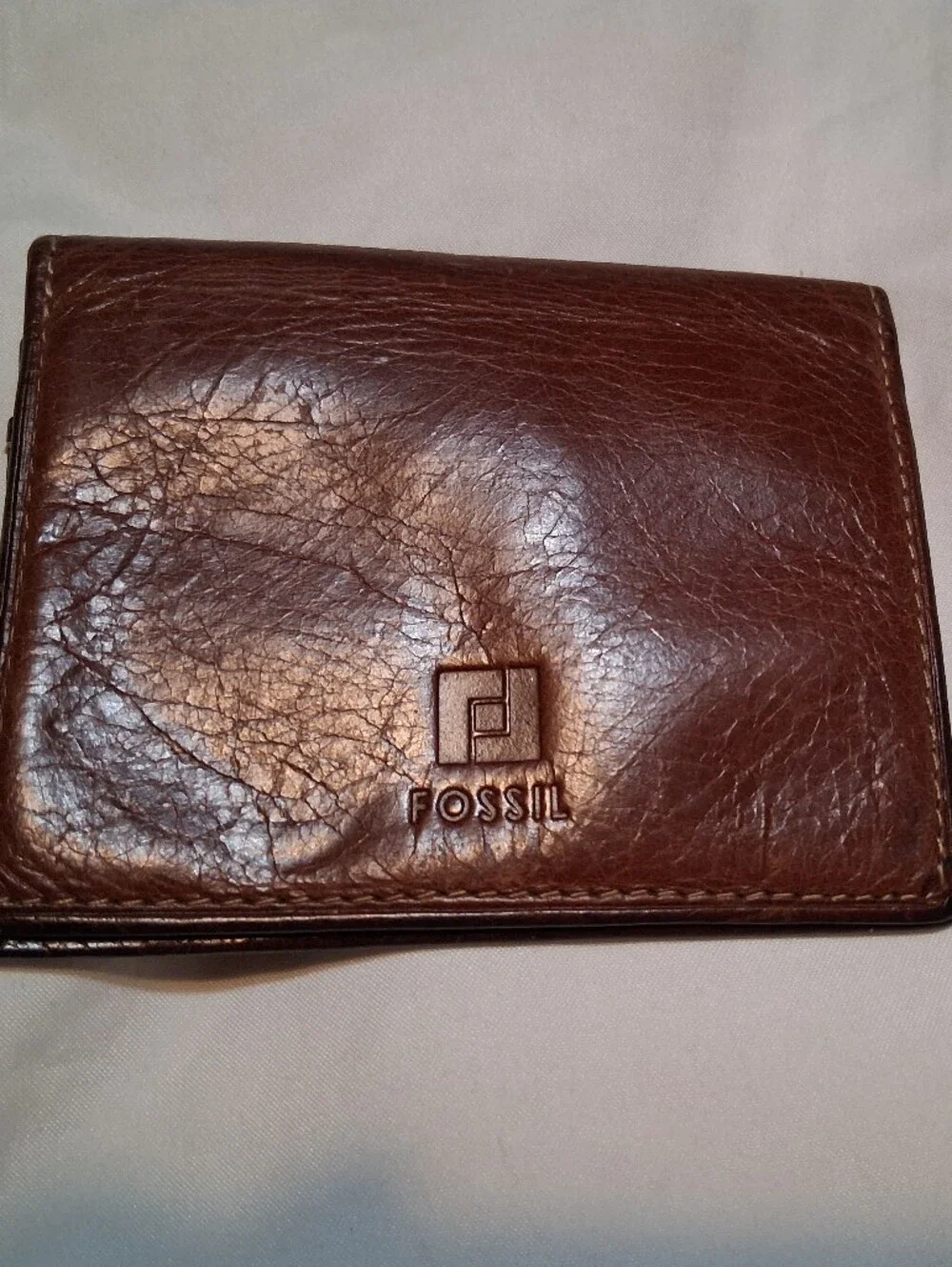 Vintage Fossil Brown Leather Slim Bifold Card Case Wallet Plaid ID Window Y2K